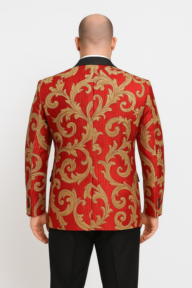 Mens Red and Gold Embroidered Tuxedo Blazer – Baroque Style One Button Dinner Jacket with Black Satin Lapel