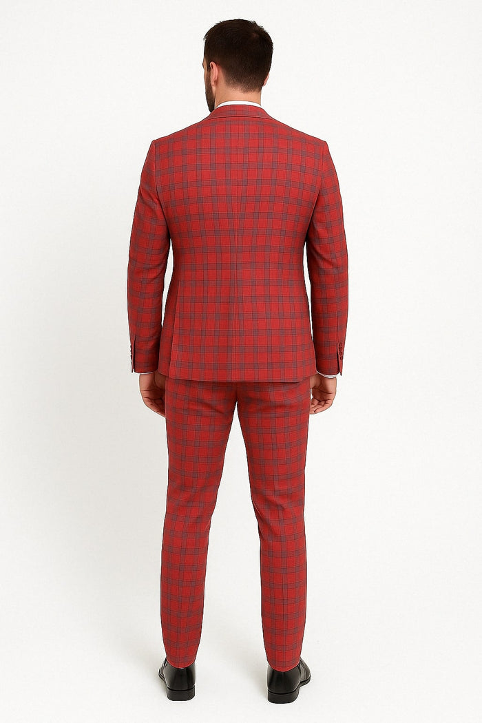 Mens Red and Grey Plaid 3-Piece Suit with Vest - Modern Fit Peak Lapel By Dominique Wilson USA Men's Outlet