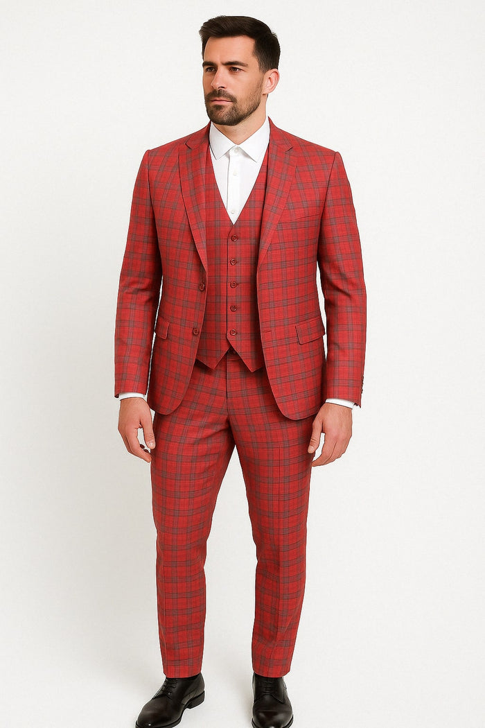 Mens Red and Grey Plaid 3-Piece Suit with Vest - Modern Fit Peak Lapel By Dominique Wilson USA Men's Outlet