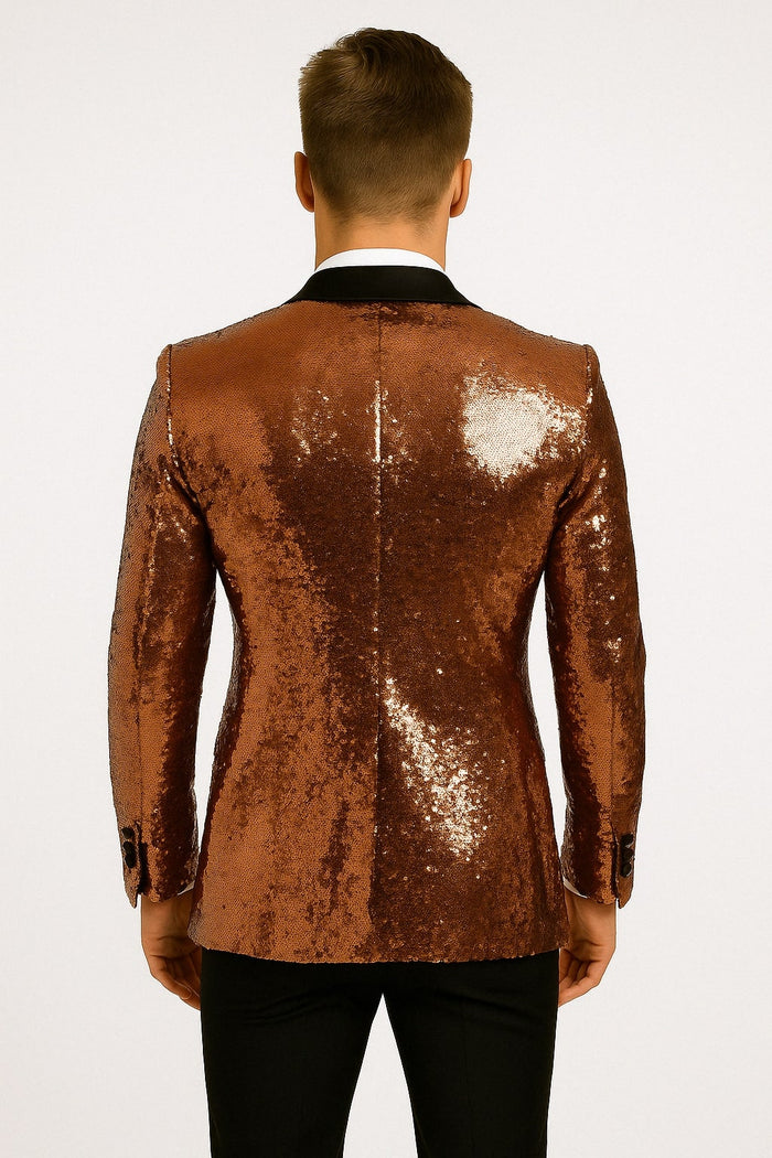 Mens Rose Gold Sequin Tuxedo Jacket with Black Satin Shawl Lapel and Matching Bow Tie by USA Men's Outlet