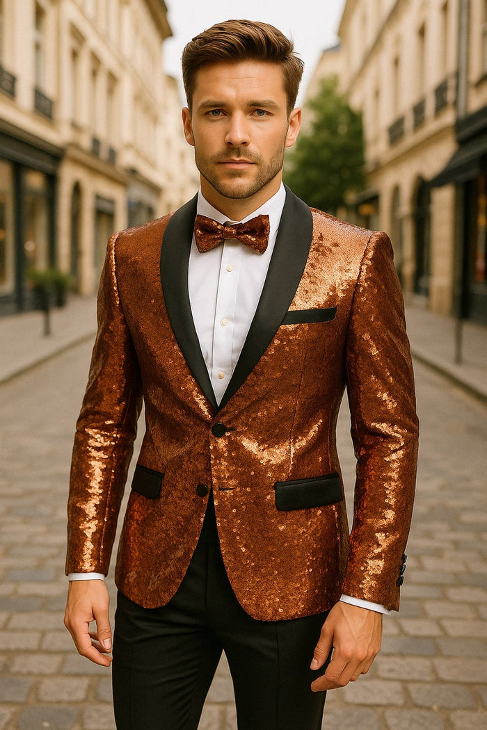Mens Rose Gold Sequin Tuxedo Jacket with Black Satin Shawl Lapel and Matching Bow Tie by USA Men's Outlet