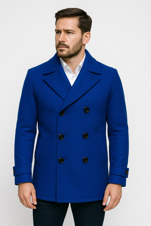 Mens Royal Blue Double-Breasted Wool Peacoat - Alberto Nardoni Collection USA Men's Outlet