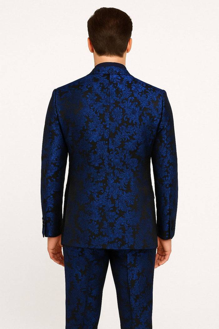 Mens Royal Blue Metallic Floral Suit - Black Background Two Piece Tuxedo Set by USA Men's Outlet