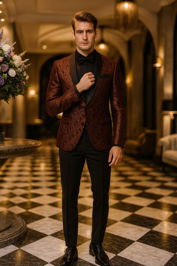 Mens Rust Copper Brick Color Paisley Tuxedo Jacket Dinner and Wedding Blazer With Black Pants Matching Bowtie by USA Men's Outlet