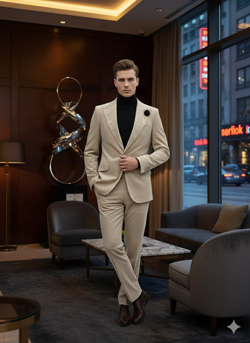 Mens Sand Beige Velvet Tuxedo Suit – 2 Piece Slim Fit Blazer and Pants Formal Set - Winter Fabric Natural Color