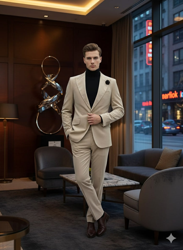 Mens Sand Beige Velvet Tuxedo Suit - 2 Piece Slim Fit Blazer and Pants Formal Set - Winter Fabric Natural Color by USA Men's Outlet
