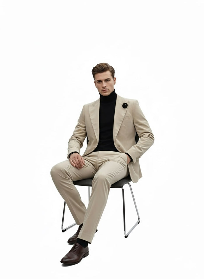 Mens Sand Beige Velvet Tuxedo Suit - 2 Piece Slim Fit Blazer and Pants Formal Set - Winter Fabric Natural Color by USA Men's Outlet