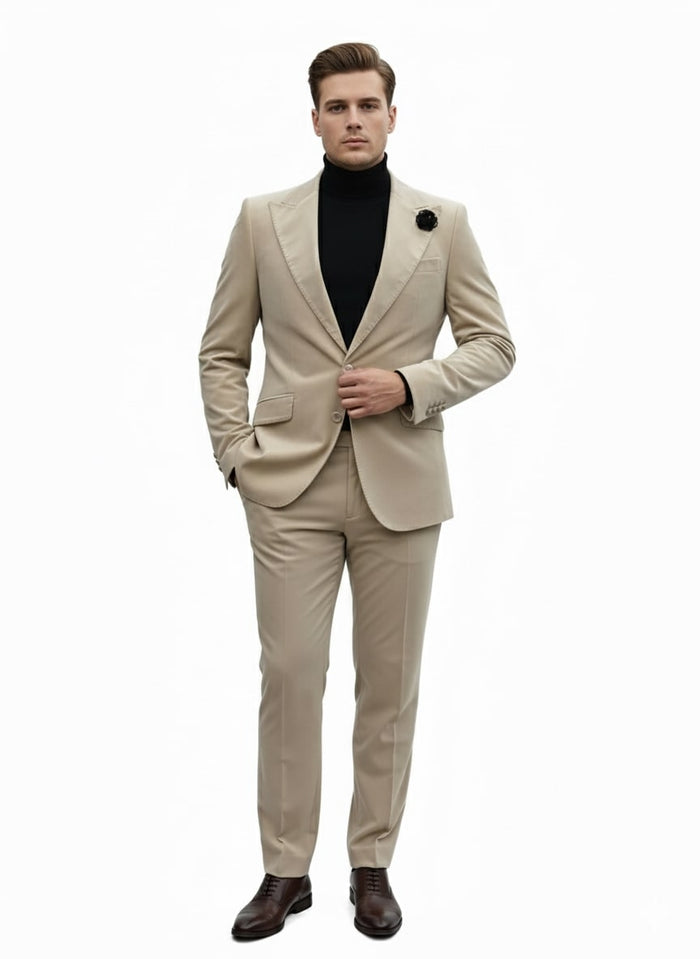 Mens Sand Beige Velvet Tuxedo Suit - 2 Piece Slim Fit Blazer and Pants Formal Set - Winter Fabric Natural Color by USA Men's Outlet