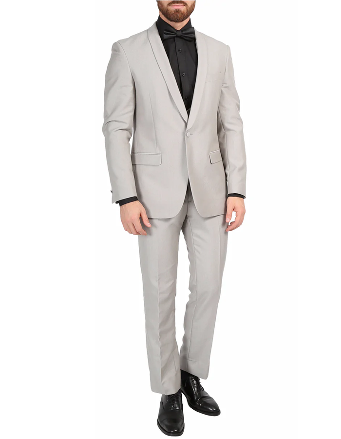 Gray Prom Suit - Mens Slim Fit Sharkskin Shawl Prom Tuxedo in Light Grey