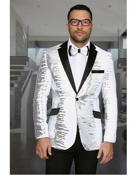 Men's Shiny Sequin 1 Button White & Black Blazer ~ Black Dinner Jacket by mensusa