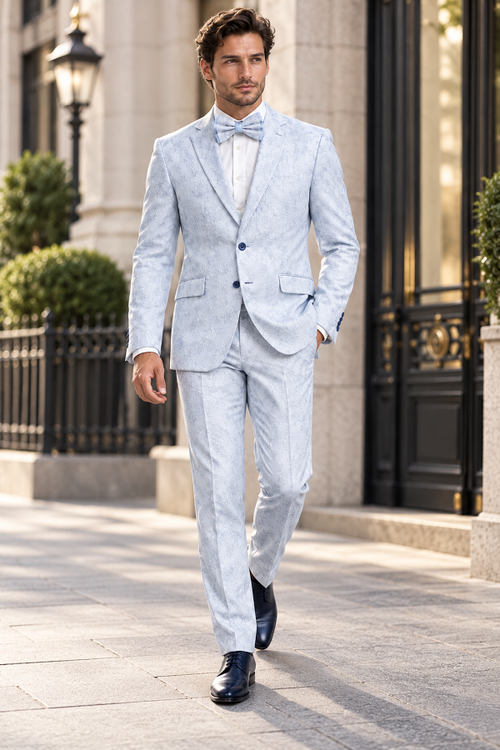 Men Paisley Suit Color Jacket Pants Sky Powder Blue - Light blue  Prom Floral Pattern Wedding Groom