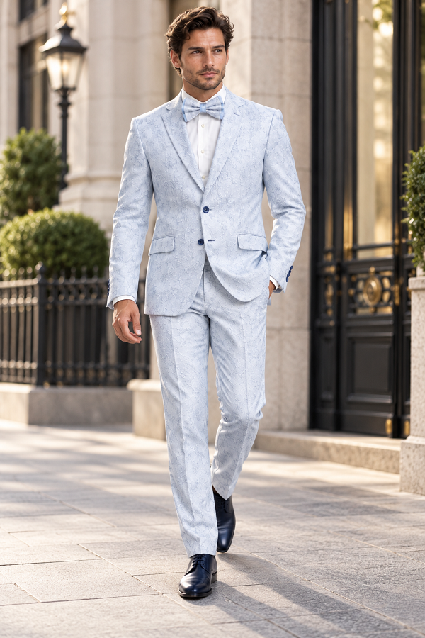 Men Paisley Suit Color Jacket Pants Sky Powder Blue - Light blue  Prom Floral Pattern Wedding Groom