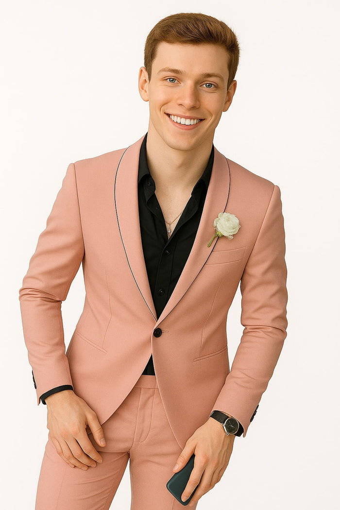 Mens Slim Fit Pink Tuxedo Suit with Black Trim - Modern Wedding and Prom Outfit in Rose Gold Blush Color by USA Men's Outlet