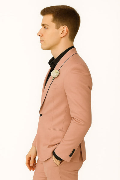 Mens Slim Fit Pink Tuxedo Suit with Black Trim – Modern Wedding and Prom Outfit in Rose Gold Blush Color