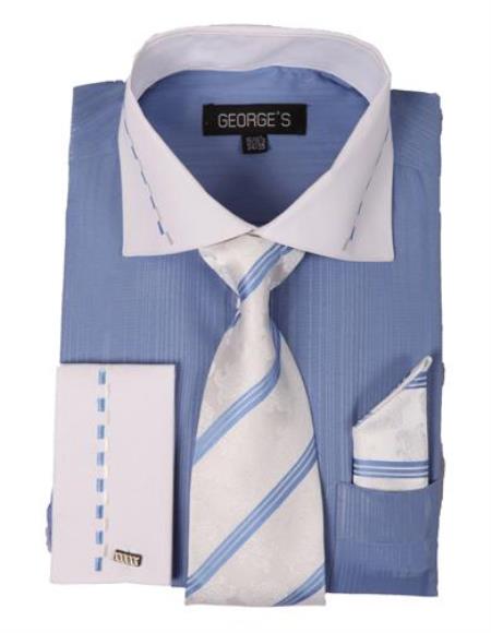 Set with White Collar and French Cuf Blue,Gold Men's Dress Shirt by USA Men's Outlet