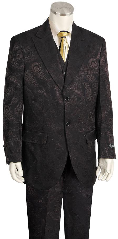 Men's Fashion 3 Piece Paisley Printed Fashion Suit Wide Leg Pants Black & Dark Brown Blazer Looking