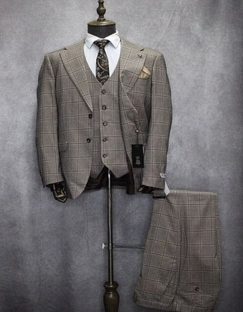 Mens Two Button Notch Lapel Plaid Pattern Suit Tan ~ Brown by USA Men's Outlet