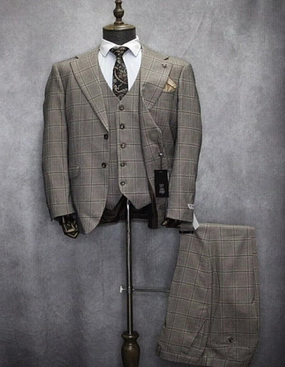 Mens Two Button Notch Lapel Plaid Pattern Suit Tan ~ Brown by USA Men's Outlet