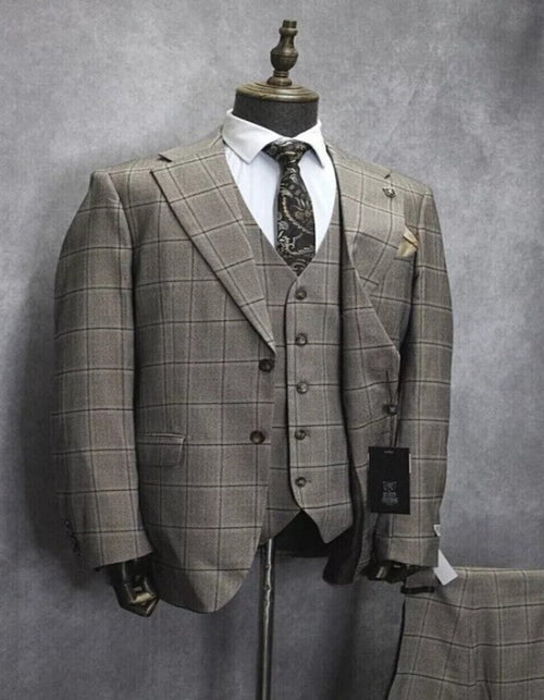 Mens Two Button Notch Lapel Plaid Pattern Suit Tan ~ Brown by USA Men's Outlet