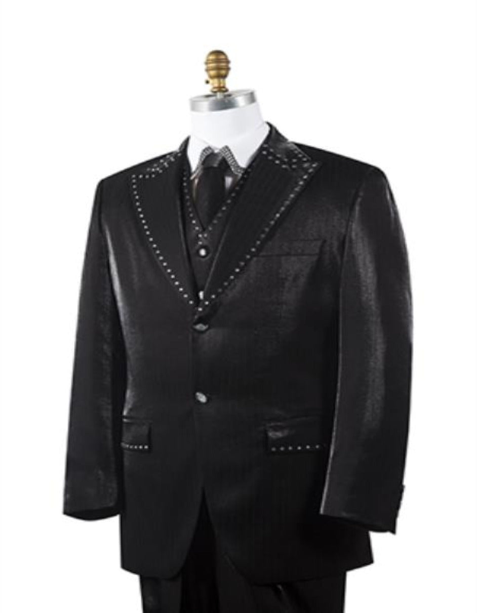 Unique 2 Button Trimmed Pleated Pants Vested 3 Piece Men's Suits Black Fashion Tuxedo For Men - Men's Tuxedo USA – SuitUSA