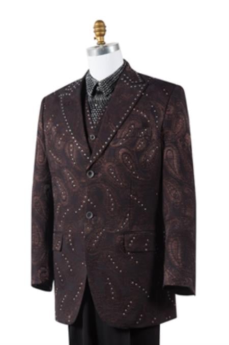 Men's Unique Brown Paisley Blazer Looking 2 Button Trimmed Pleated Pants Vested 3 Piece Fashion Suits Fashion Tuxedo For Men – SuitUSA