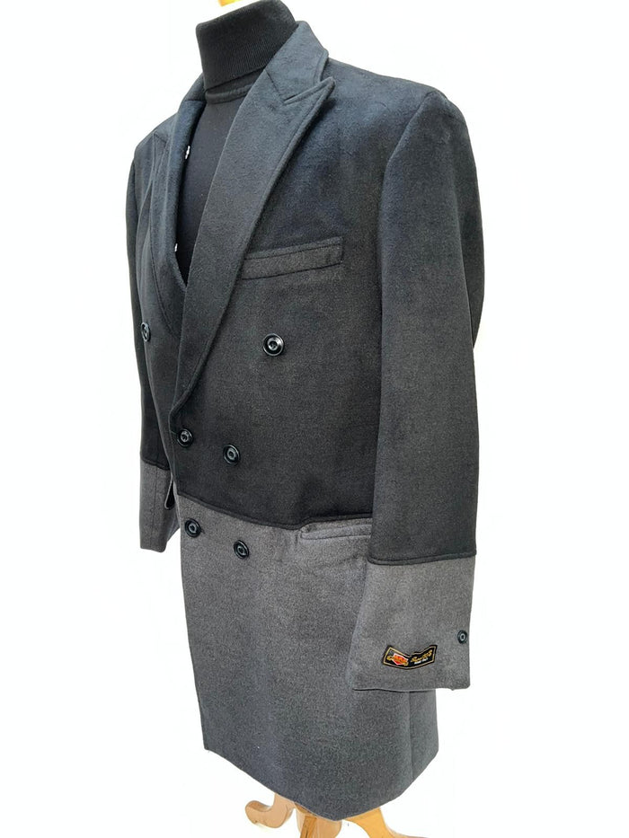 Mens Two-Tone Double-Breasted Overcoat in Black and Charcoal Gray Wool Fabric Topcoat by USA Men's Outlet