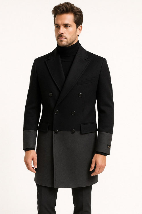 Mens Two-Tone Double-Breasted Overcoat in Black and Charcoal Gray Wool Fabric Topcoat