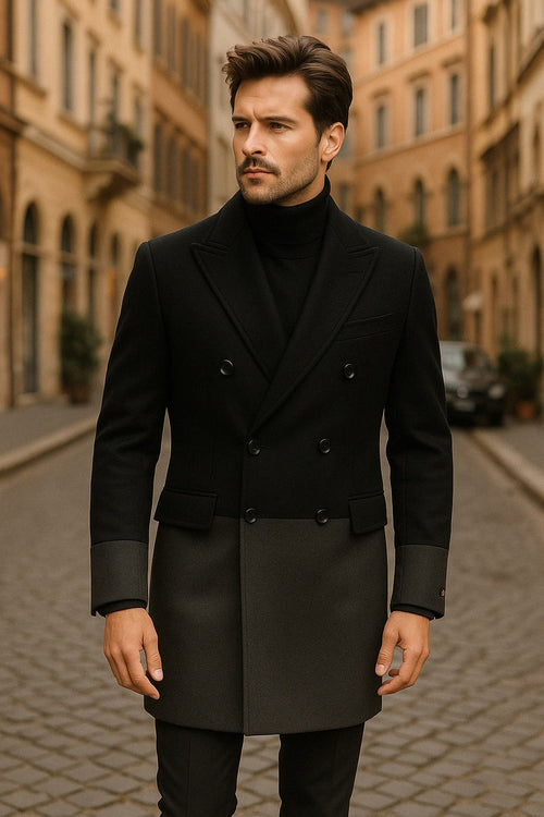 Mens Two-Tone Double-Breasted Overcoat in Black and Charcoal Gray Wool Fabric Topcoat