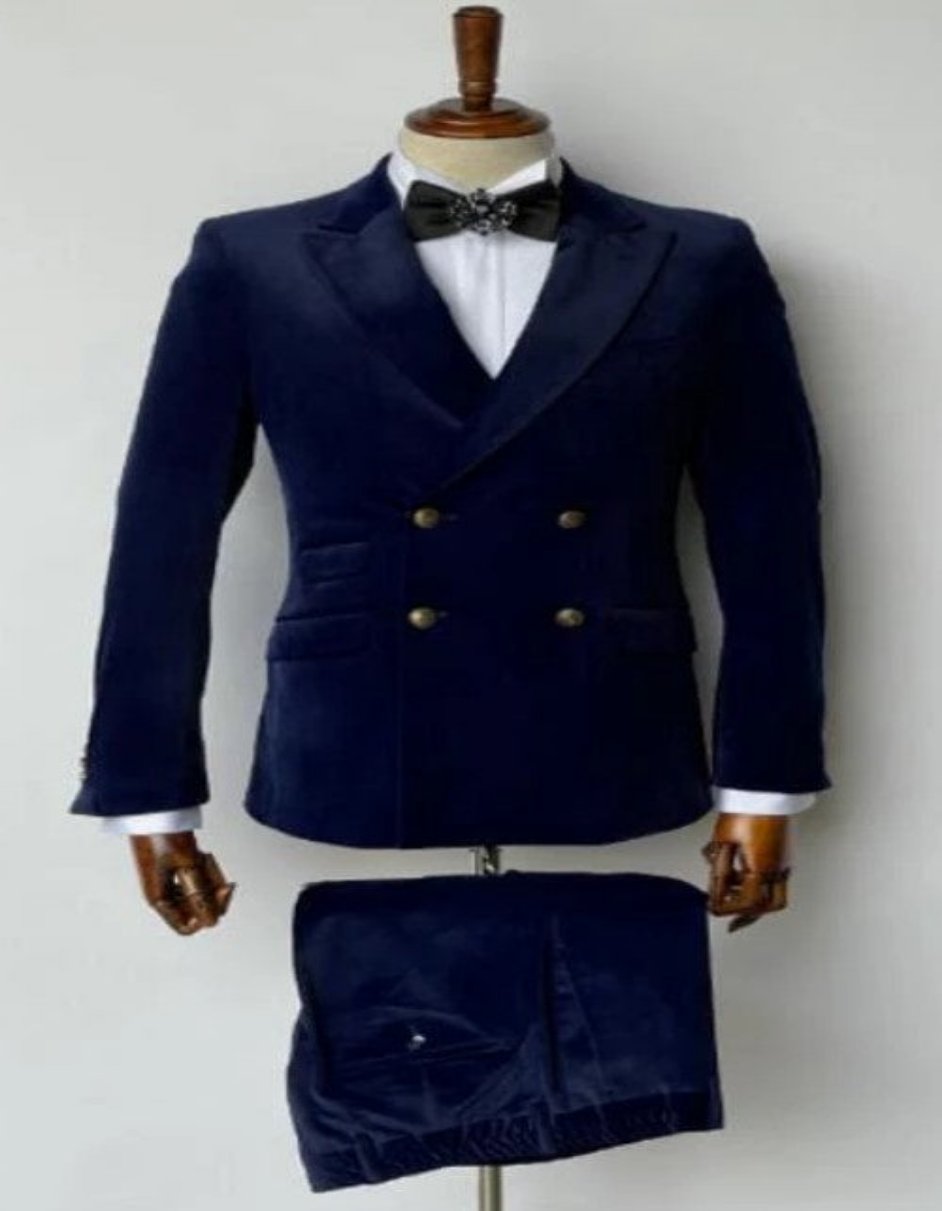 Mens Double Breasted Velvet Blue Tuxedo by Men's Tuxedo USA