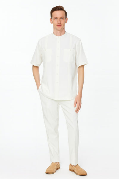 Mens White Banded Collar Two-Piece Set – Short Sleeve Shirt and Pants Banded Collar Linen Fabric