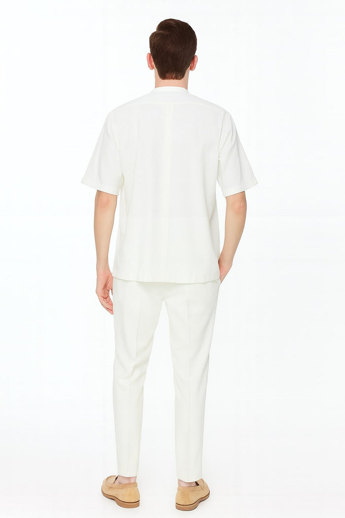 Mens White Banded Collar Two-Piece Set - Short Sleeve Shirt and Pants Banded Collar Linen Fabric by USA Men's Outlet