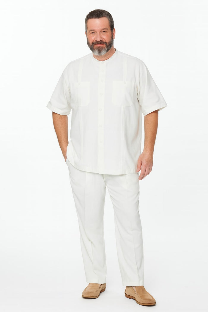 Mens White Banded Collar Two-Piece Set - Short Sleeve Shirt and Pants Banded Collar Linen Fabric by USA Men's Outlet