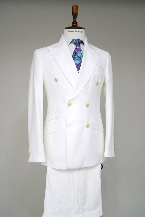 Mens White Double-Breasted Suit with Gold Buttons - Formal Slim Fit 2-Piece Set by USA Men's Outlet