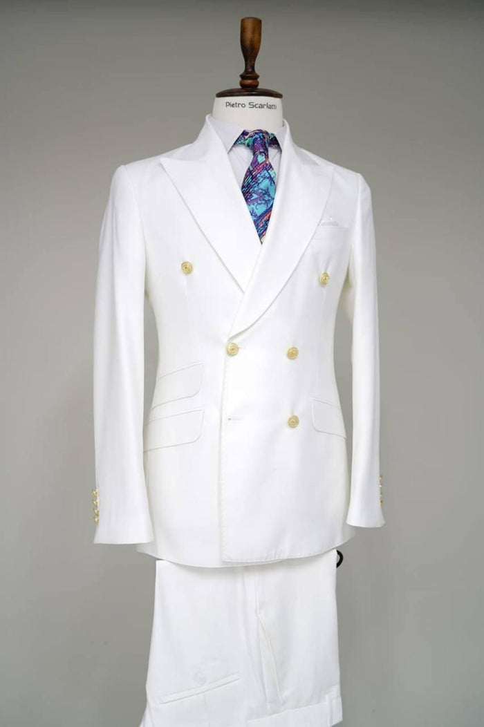 Mens White Double-Breasted Suit with Gold Buttons - Formal Slim Fit 2-Piece Set by USA Men's Outlet