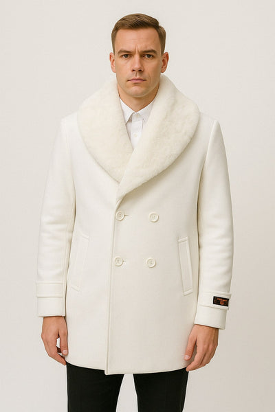 Mens White Peacoat Double-Breasted Overcoat with Faux Fur Shawl Collar – Alberto Nardoni Collection Wool Fabric