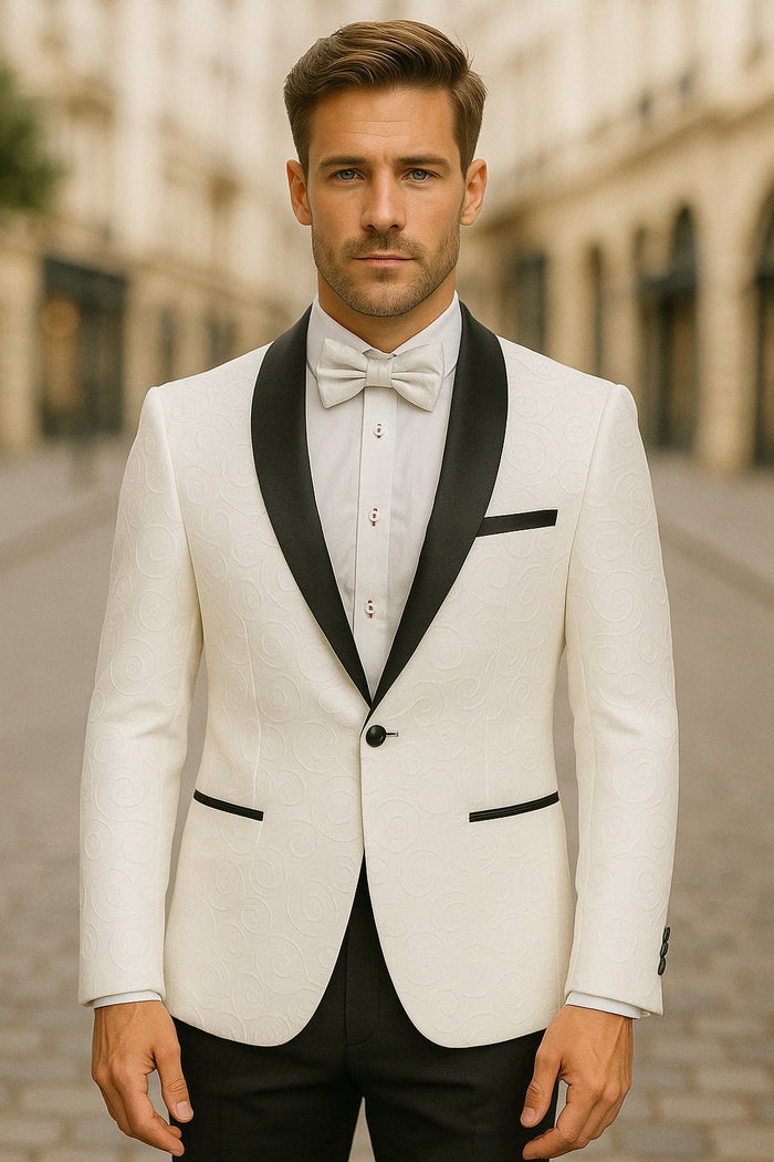 Mens White Swirl Embroidered Tuxedo Jacket with Black Satin Shawl Lapel and Matching Bow Tie by USA Men's Outlet