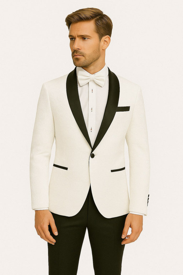 Mens White Swirl Embroidered Tuxedo Jacket with Black Satin Shawl Lapel and Matching Bow Tie by USA Men's Outlet