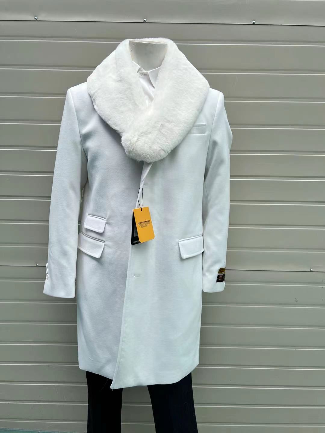 Mens White Wool Overcoat with Plush Faux Fur Shawl Collar - Alberto Nardoni Formal Winter Coat USA Men's Outlet