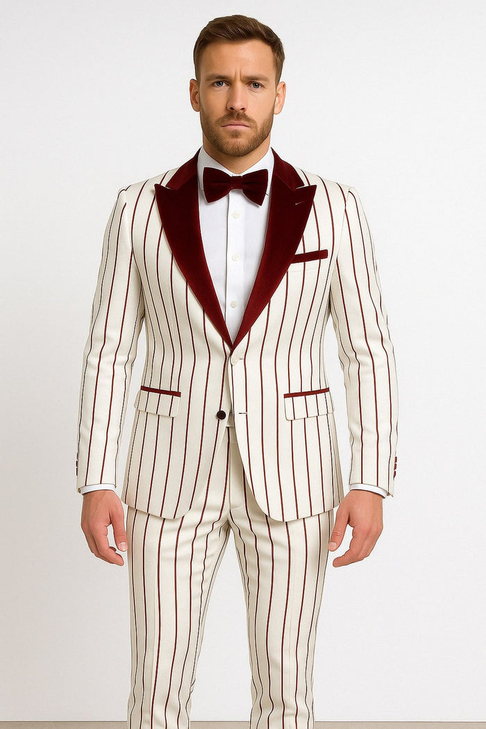 Mens White and Burgundy Pinstripe Tuxedo with Velvet Shawl Lapel and Matching Bow Tie by USA Men's Outlet