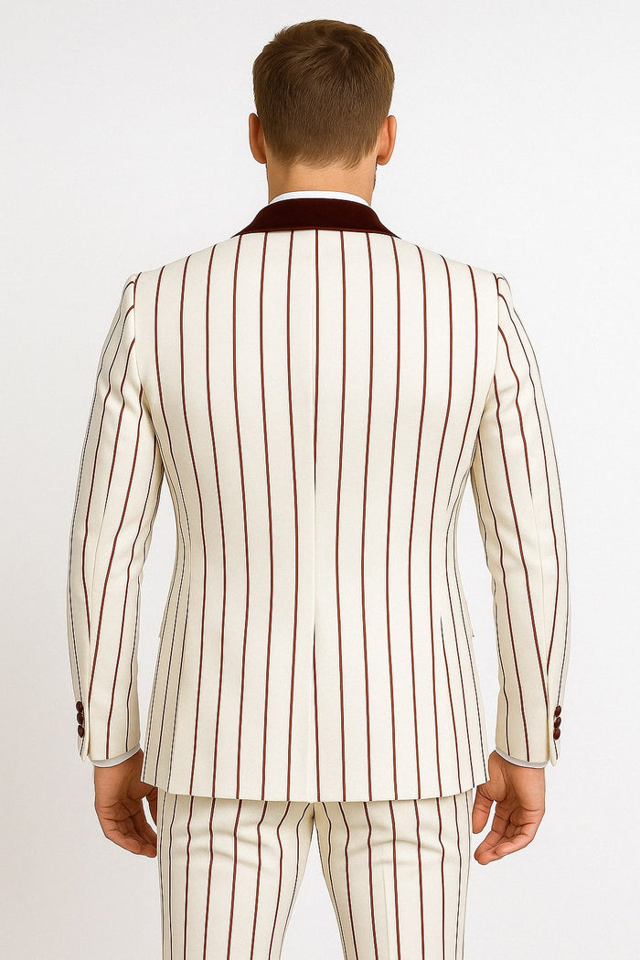 Mens White and Burgundy Pinstripe Tuxedo with Velvet Shawl Lapel and Matching Bow Tie by USA Men's Outlet