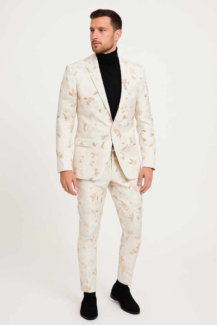 Mens White and Gold Embroidered Floral Suit - Prom Tuxedo Suit by USA Men's Outlet