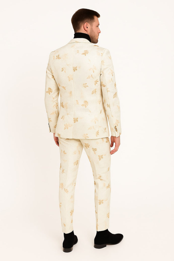 Mens White and Gold Embroidered Floral Suit - Prom Tuxedo Suit by USA Men's Outlet
