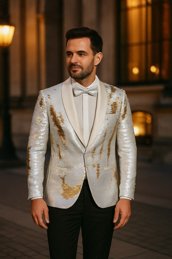 Mens White and Gold Reversible Sequin Tuxedo Jacket with Satin Lapel and Matching Bow Tie by USA Men's Outlet