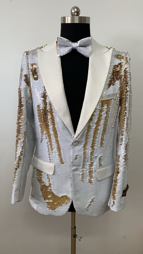 Mens White and Gold Reversible Sequin Tuxedo Jacket with Satin Lapel and Matching Bow Tie by USA Men's Outlet