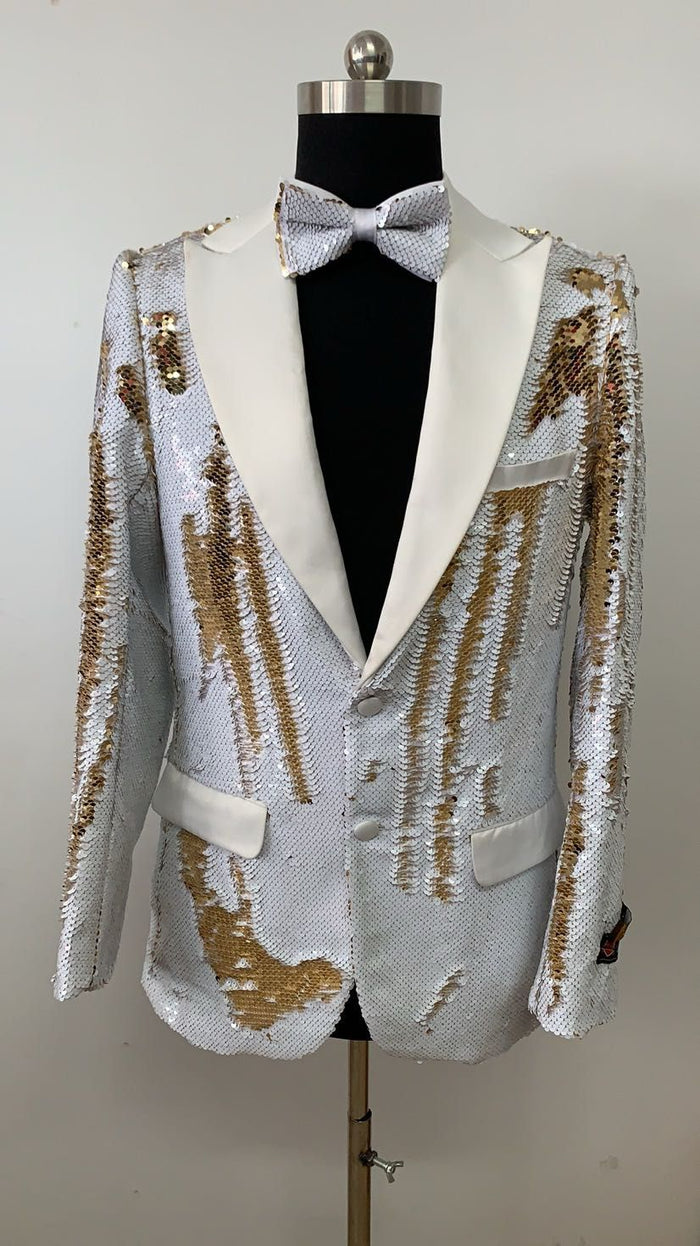 Mens White and Gold Reversible Sequin Tuxedo Jacket with Satin Lapel and Matching Bow Tie by USA Men's Outlet