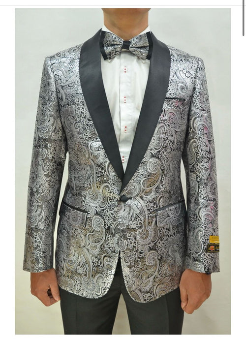 Silver and Black Tuxedo Blazer with Matching Bow Tie - Paisley Sport Coat For Prom or Wedding