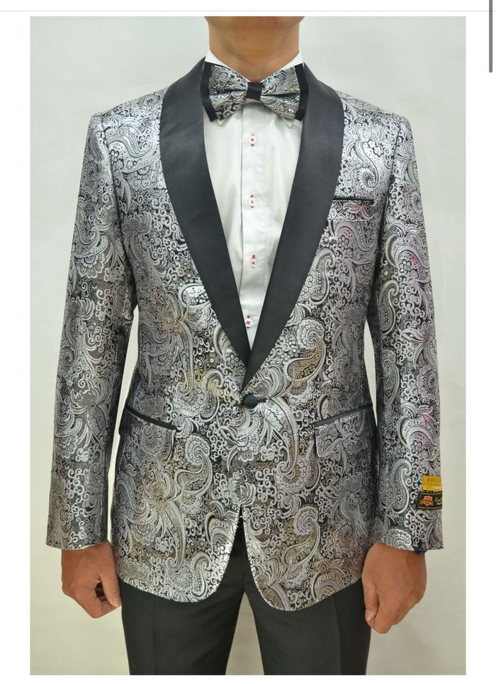 Silver and Black Tuxedo Blazer with Matching Bow Tie - Paisley Sport Coat For Prom or Wedding by USA Men's Outlet