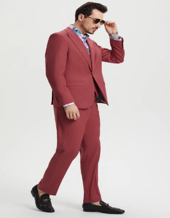 Men's One Button Peak Lapel Side Vent Flat Front Pant Suit in Coral Blush Pink by USA Men's Outlet