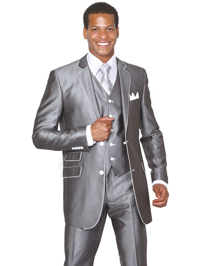 Gray Prom Suit - Mens 2 Button Vested Trim Tuxedo in Silver Grey
