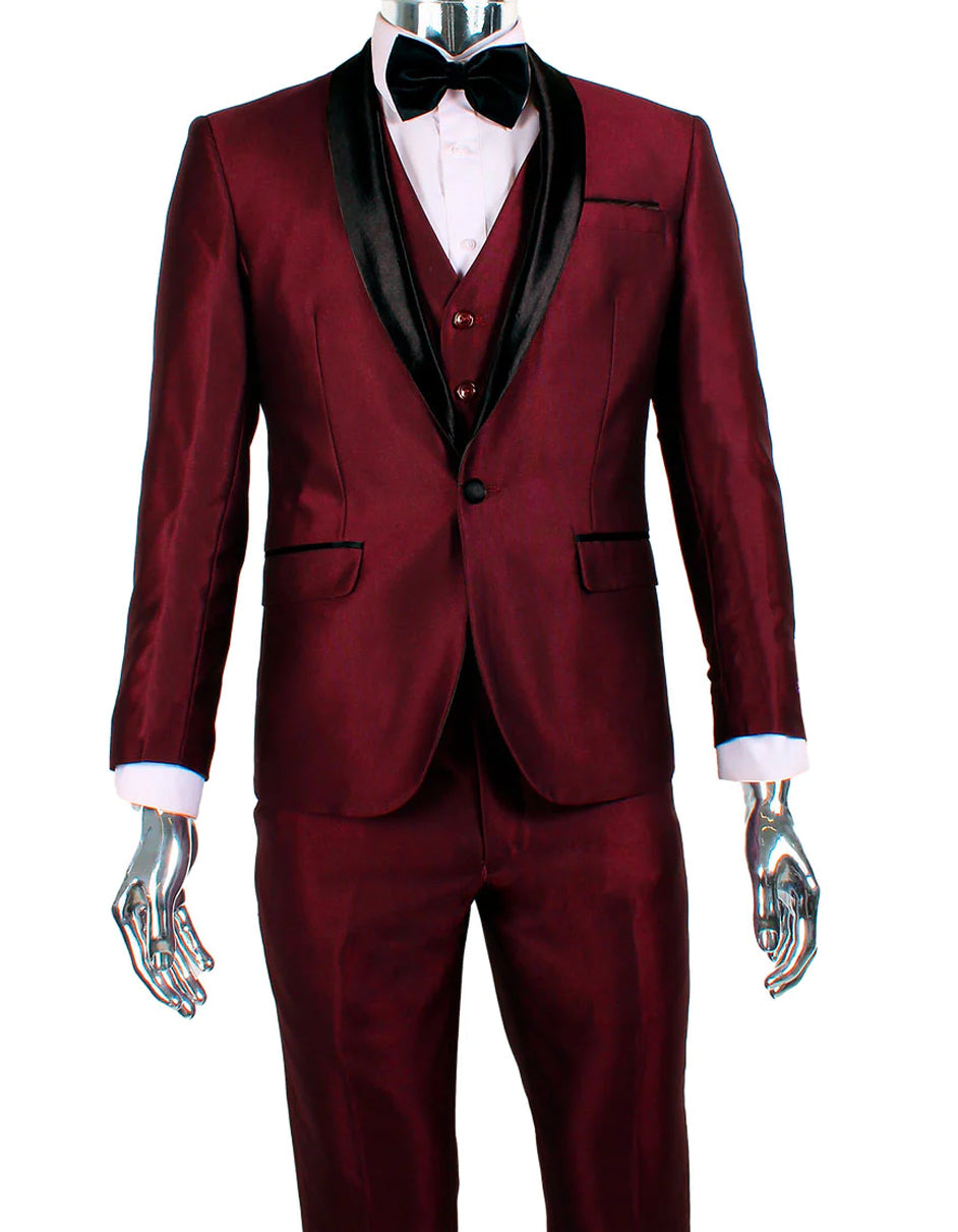 Red Prom Suit - Red Prom Tuxedo Suits - Red Wedding Tuxedo Mens 1 Button Shawl Lapel Vested Wedding | Prom Tuxedo in Burgundy Sharkskin